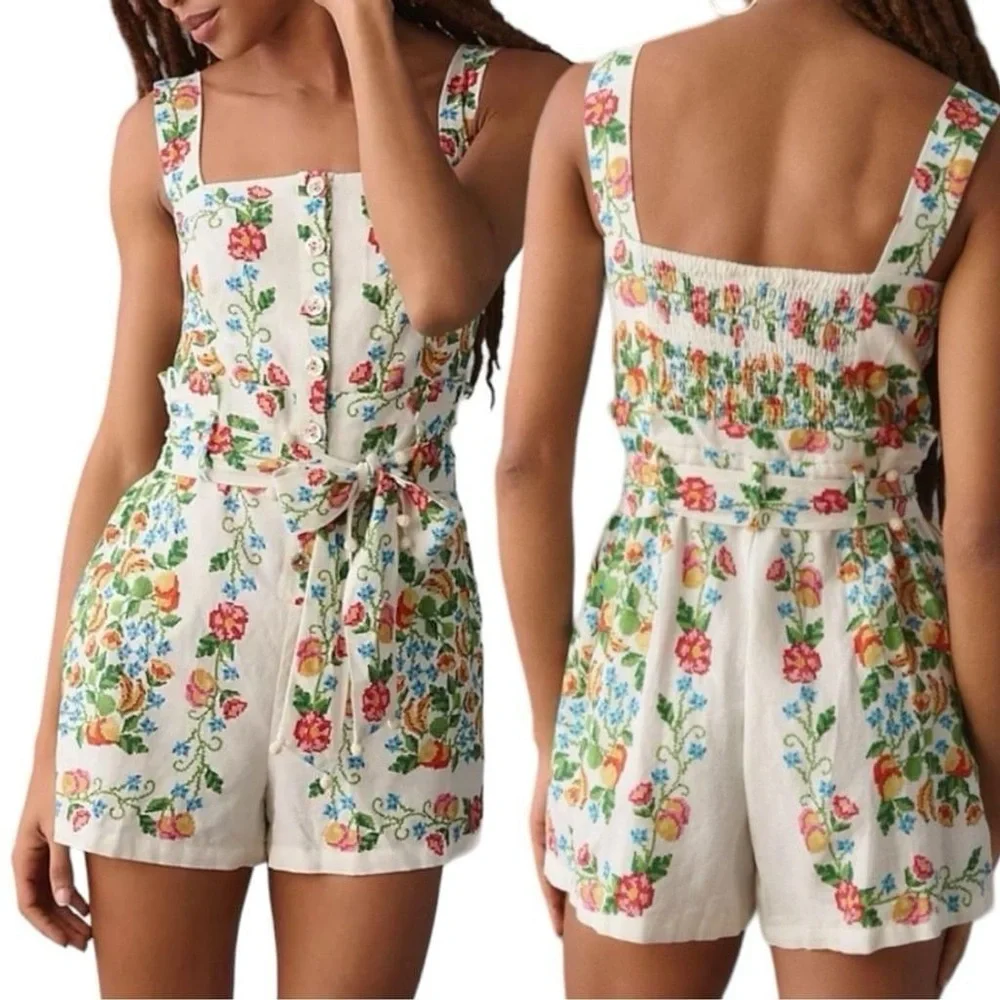 NWOT FARM Rio Tropical Romance Floral-Print Linen-Blend Romper Women’s Medium - Picture 2 of 16